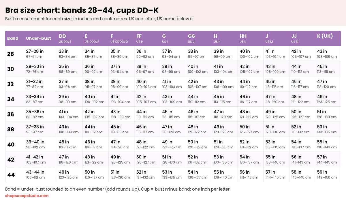 Bra size chart for bands 28 to 44 and cups DD to K, with the bust measurement for every size in inches and centimetres